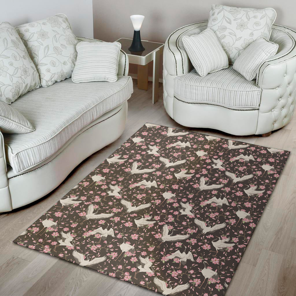 Crane Bird And Flower Pattern Print Area Rug