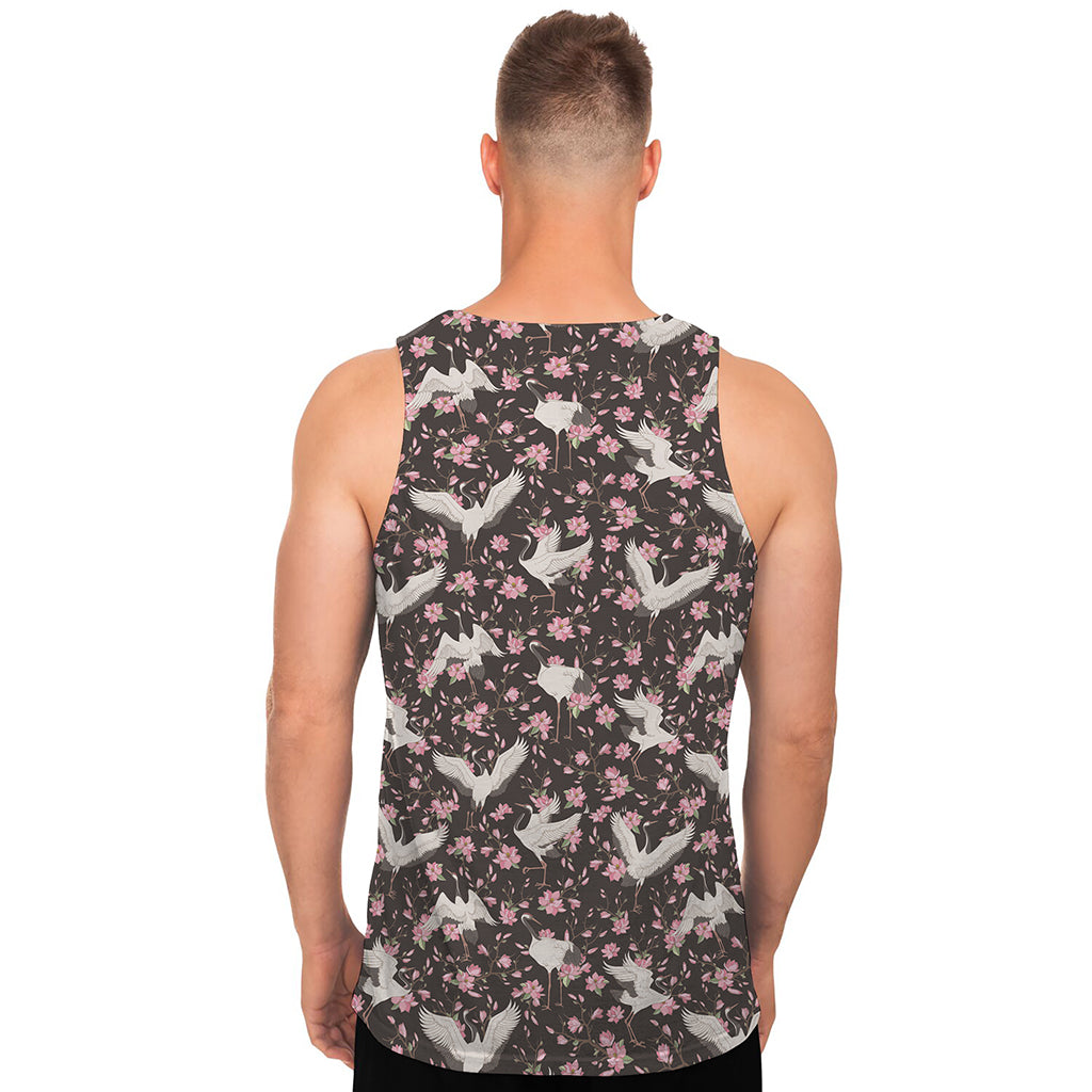 Crane Bird And Flower Pattern Print Men's Tank Top