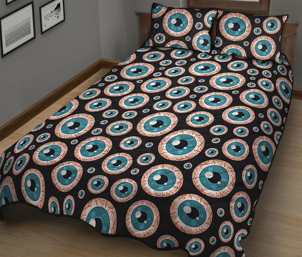 Creepy Eyeball Pattern Print Quilt Bed Set