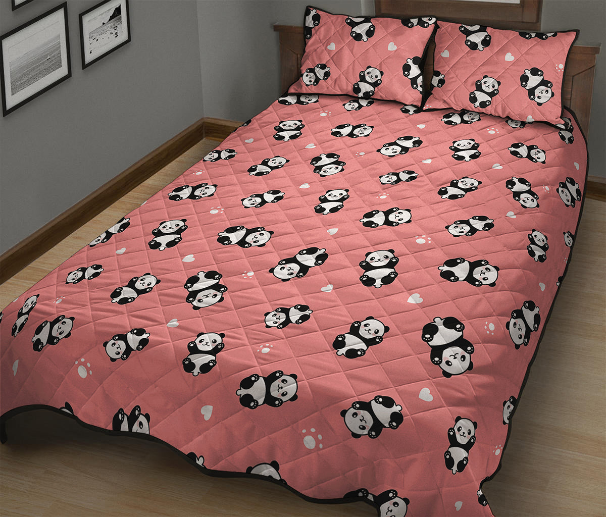 Cute Baby Panda Pattern Print Quilt Bed Set