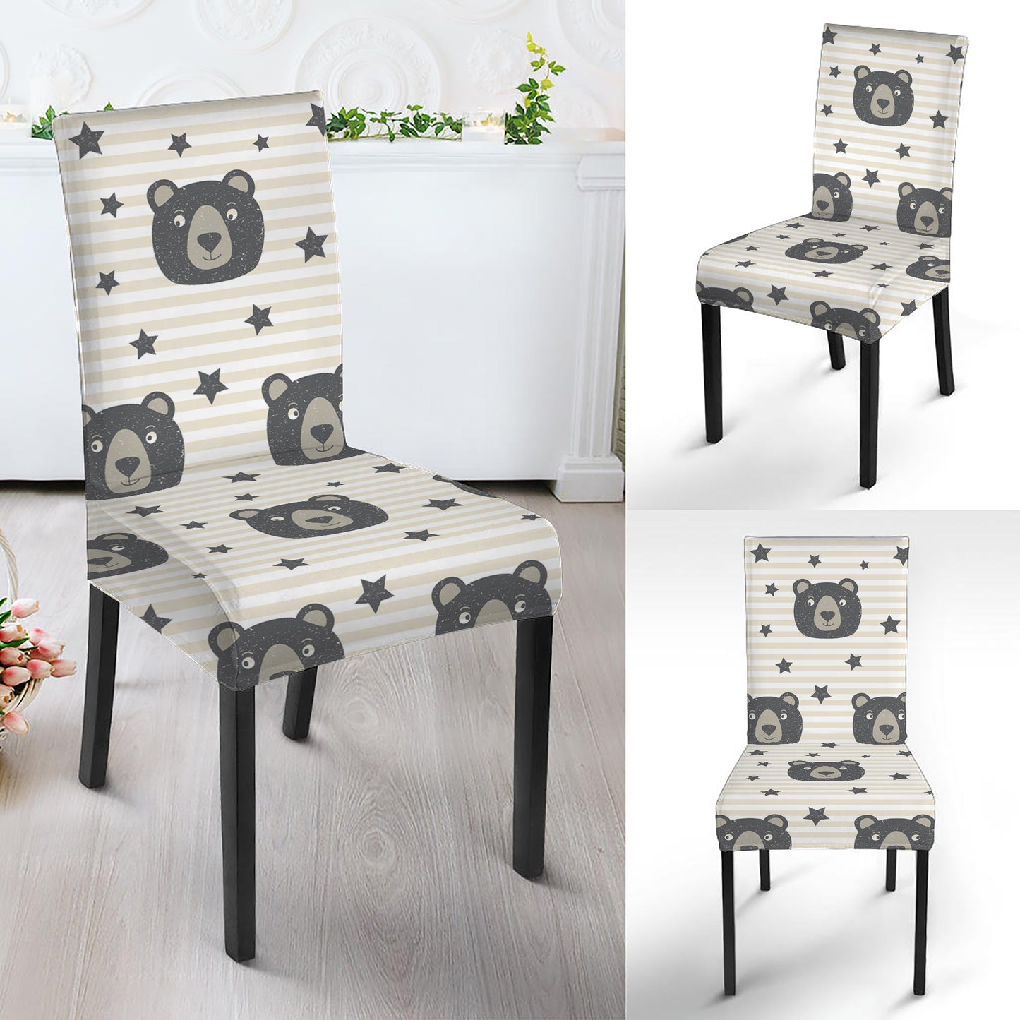 Cute Black Bear Pattern Print Dining Chair Slipcover