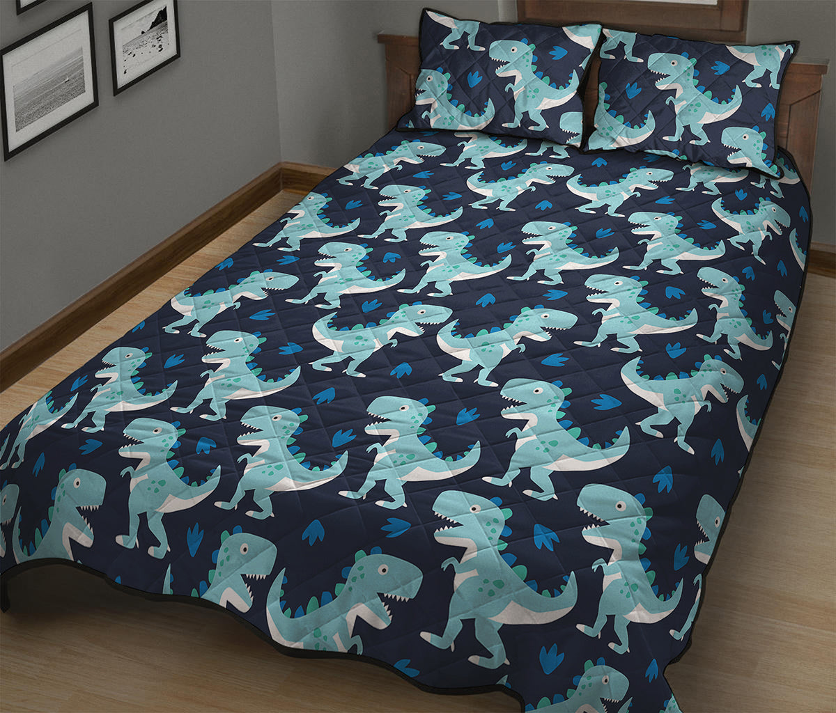 Cute Blue T-Rex Dinosaur Pattern Print Quilt Bed Set
