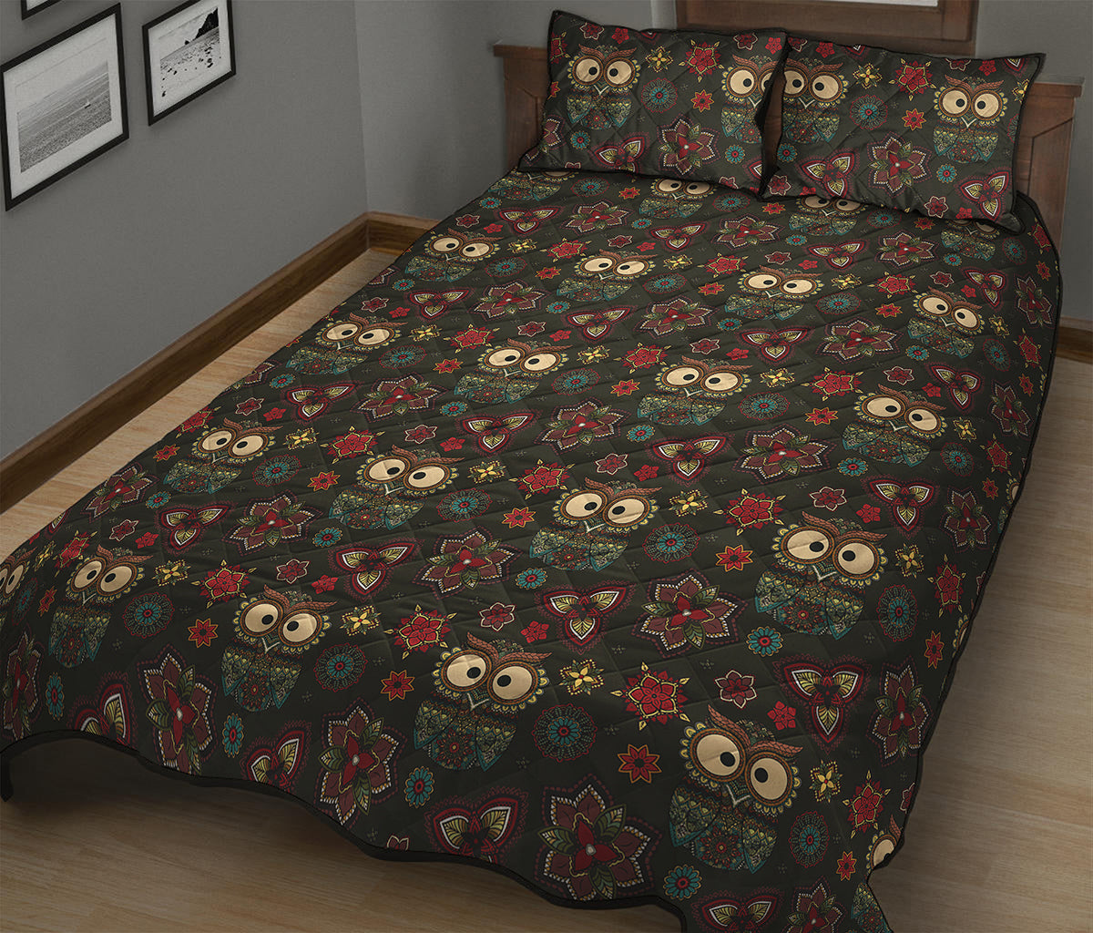 Cute Boho Owl Pattern Print Quilt Bed Set