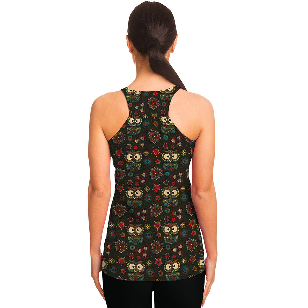 Cute Boho Owl Pattern Print Women's Racerback Tank Top