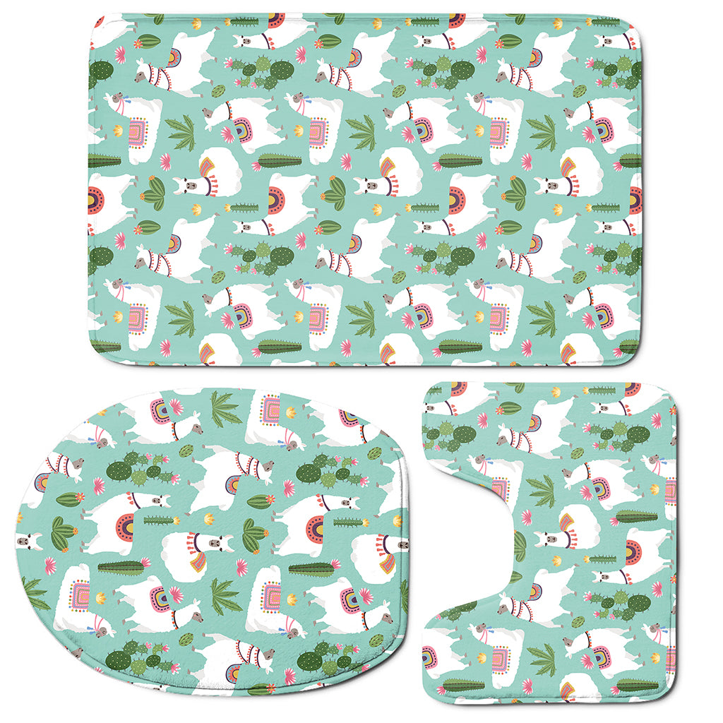 Cute Cactus And Llama Pattern Print 3 Piece Bath Mat Set