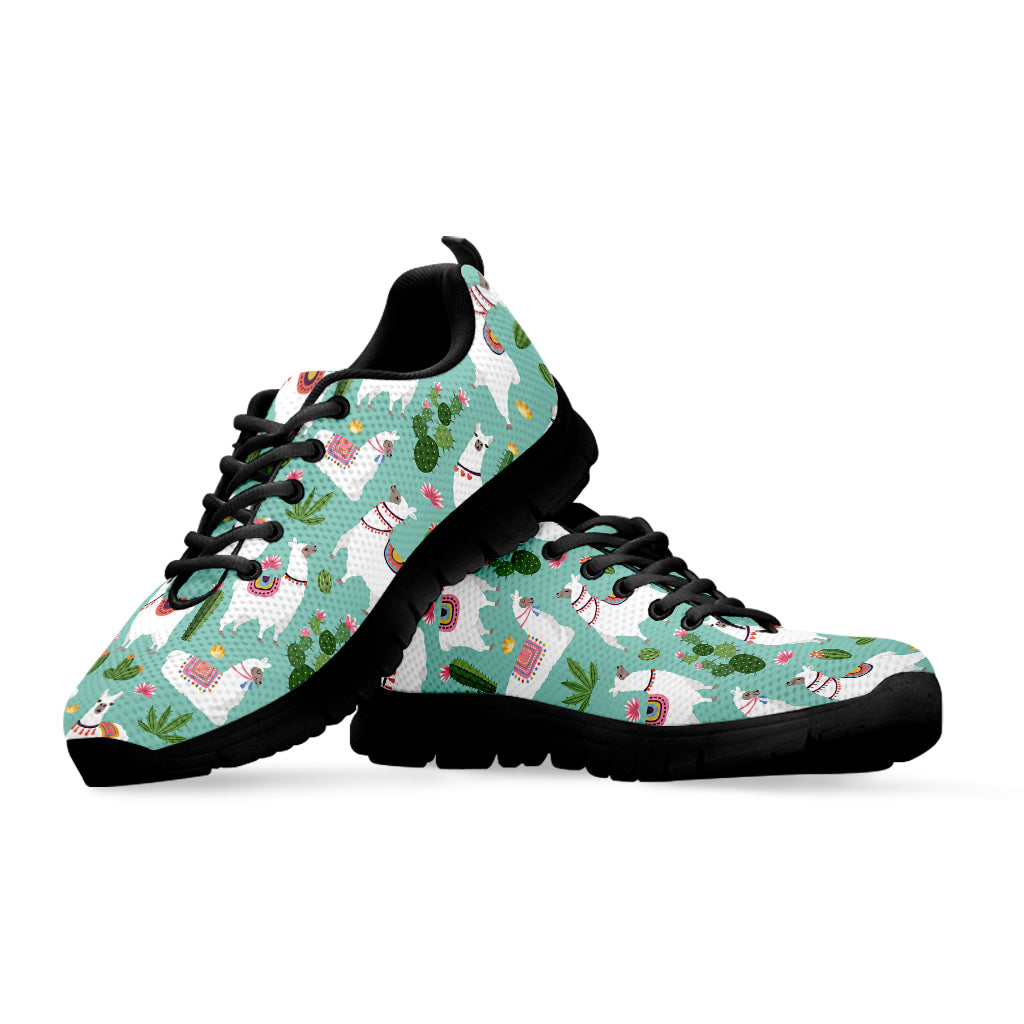 Cute Cactus And Llama Pattern Print Black Sneakers