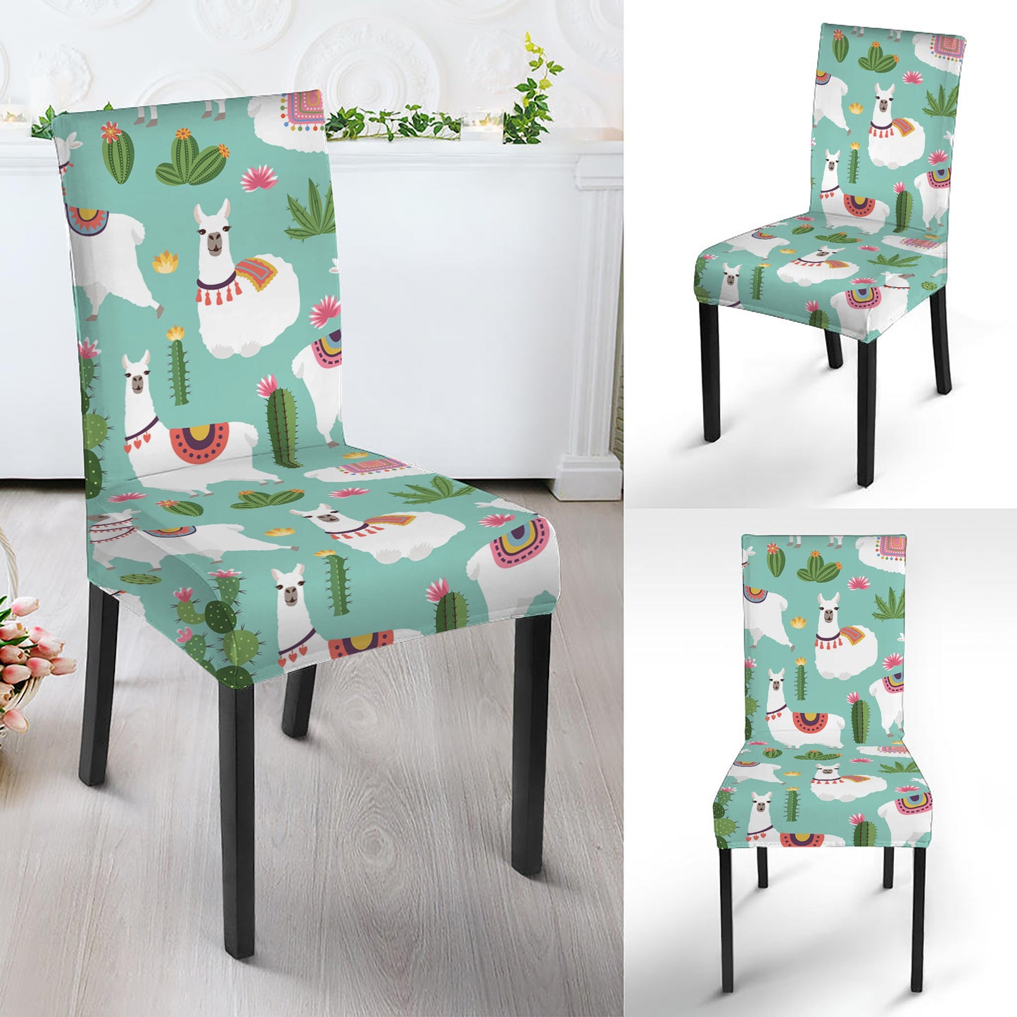 Cute Cactus And Llama Pattern Print Dining Chair Slipcover