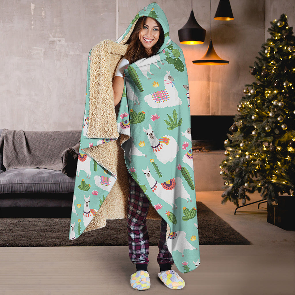 Cute Cactus And Llama Pattern Print Hooded Blanket