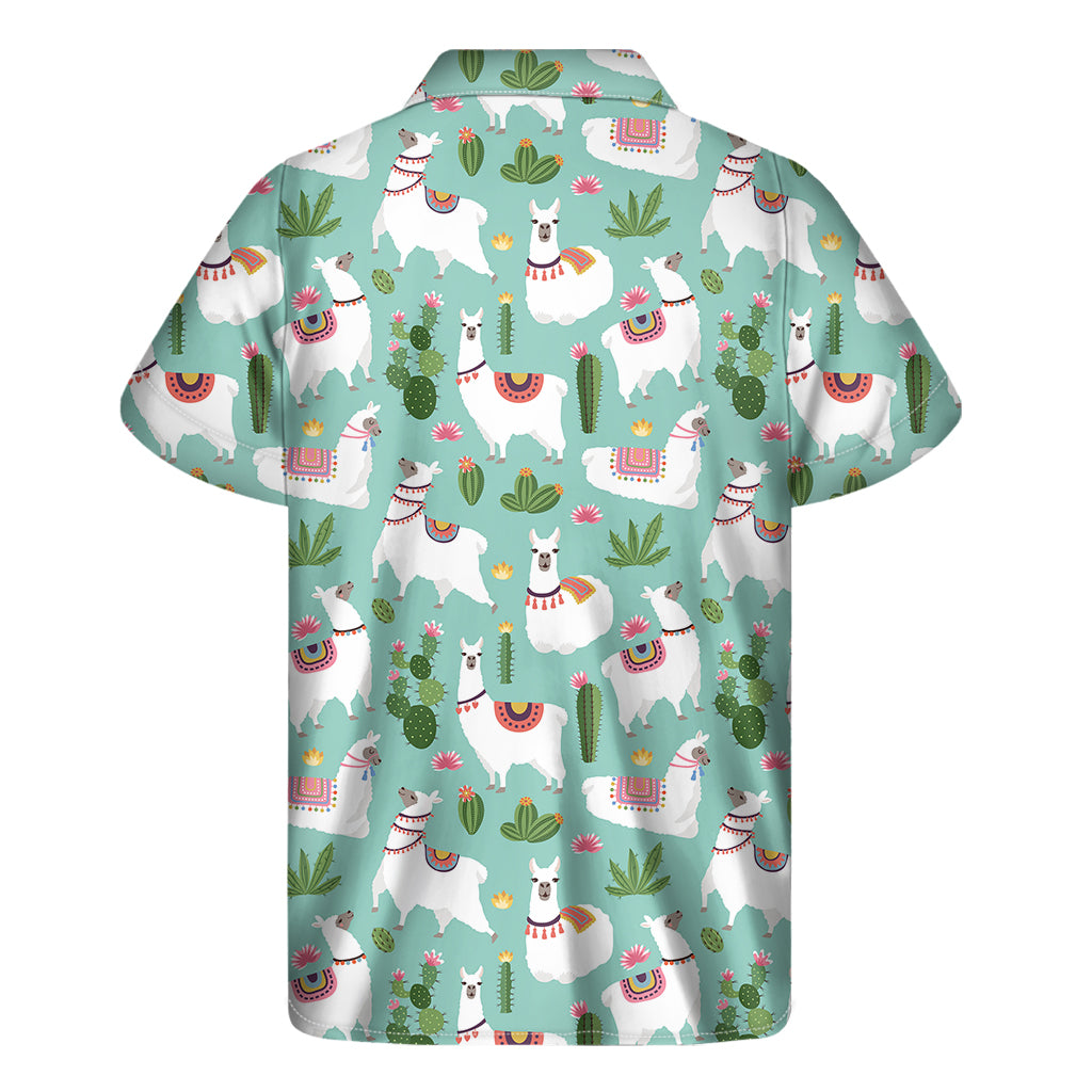 Cute Cactus And Llama Pattern Print Men's Short Sleeve Shirt
