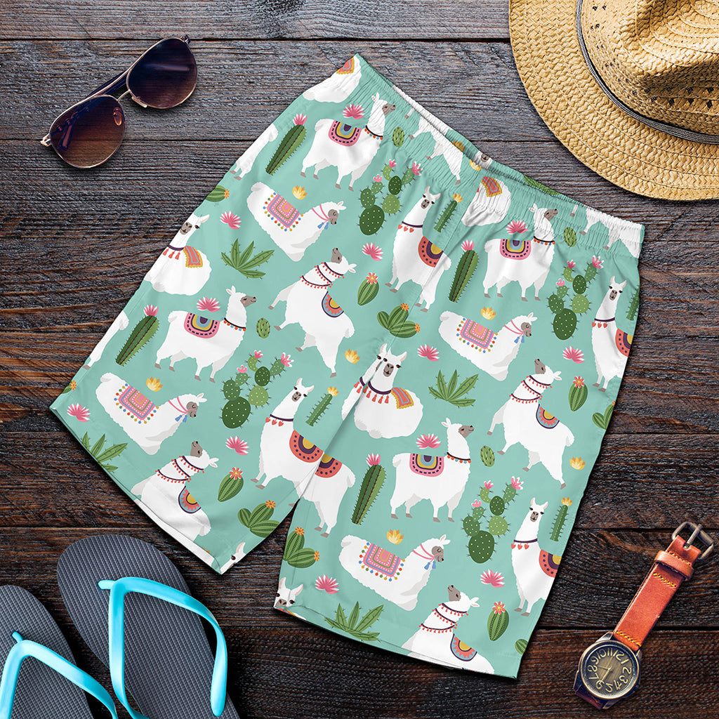 Cute Cactus And Llama Pattern Print Men's Shorts