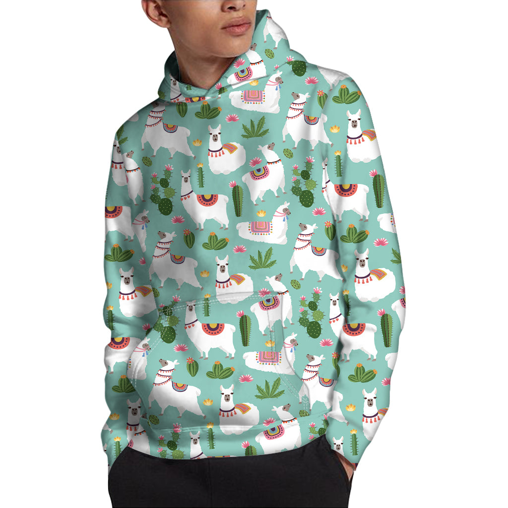 Cute Cactus And Llama Pattern Print Pullover Hoodie
