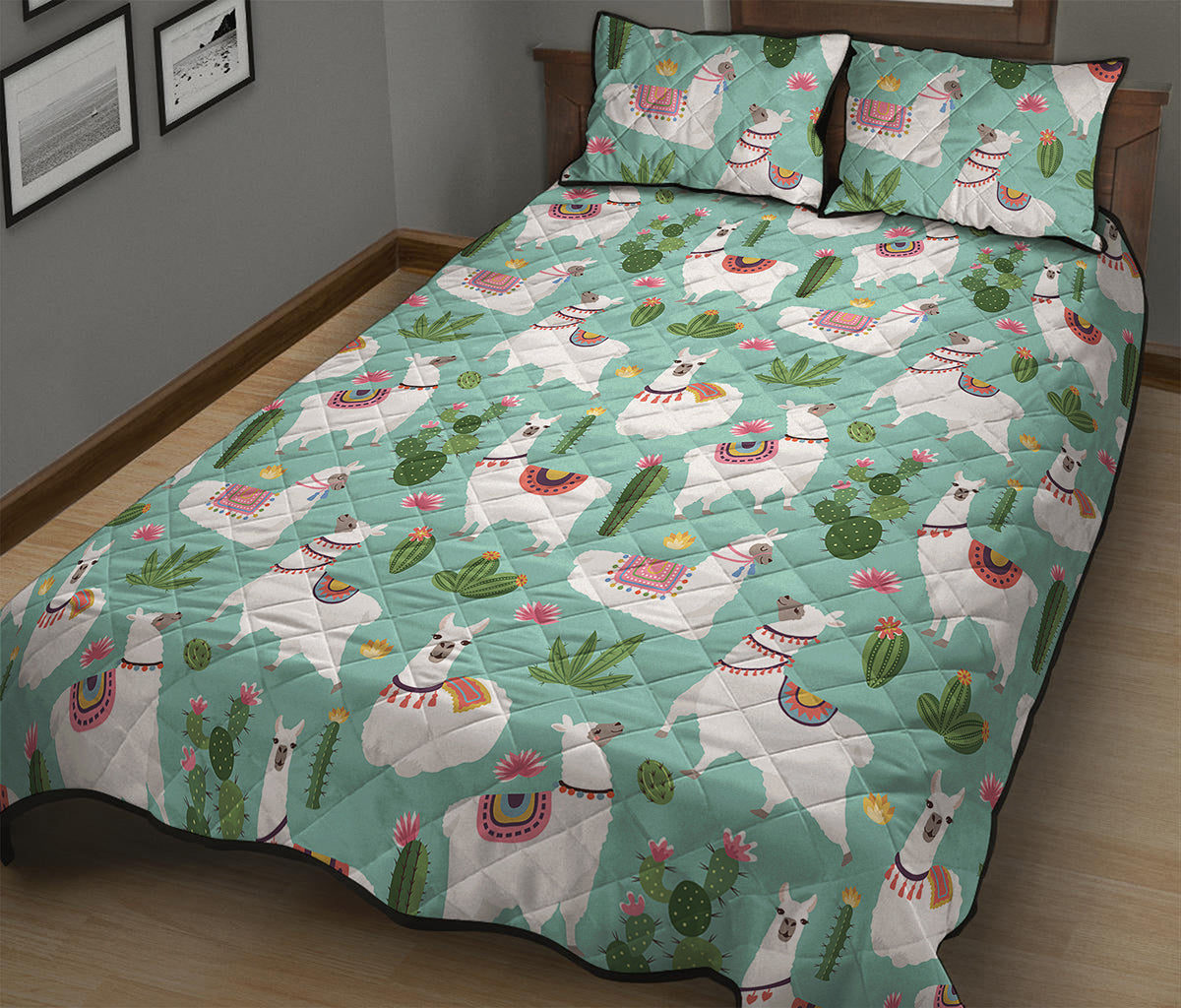 Cute Cactus And Llama Pattern Print Quilt Bed Set