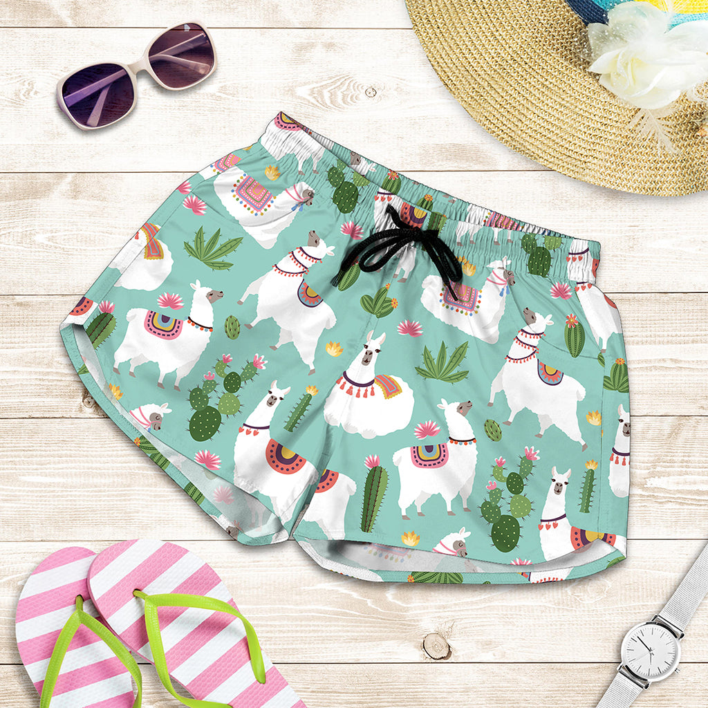 Cute Cactus And Llama Pattern Print Women's Shorts