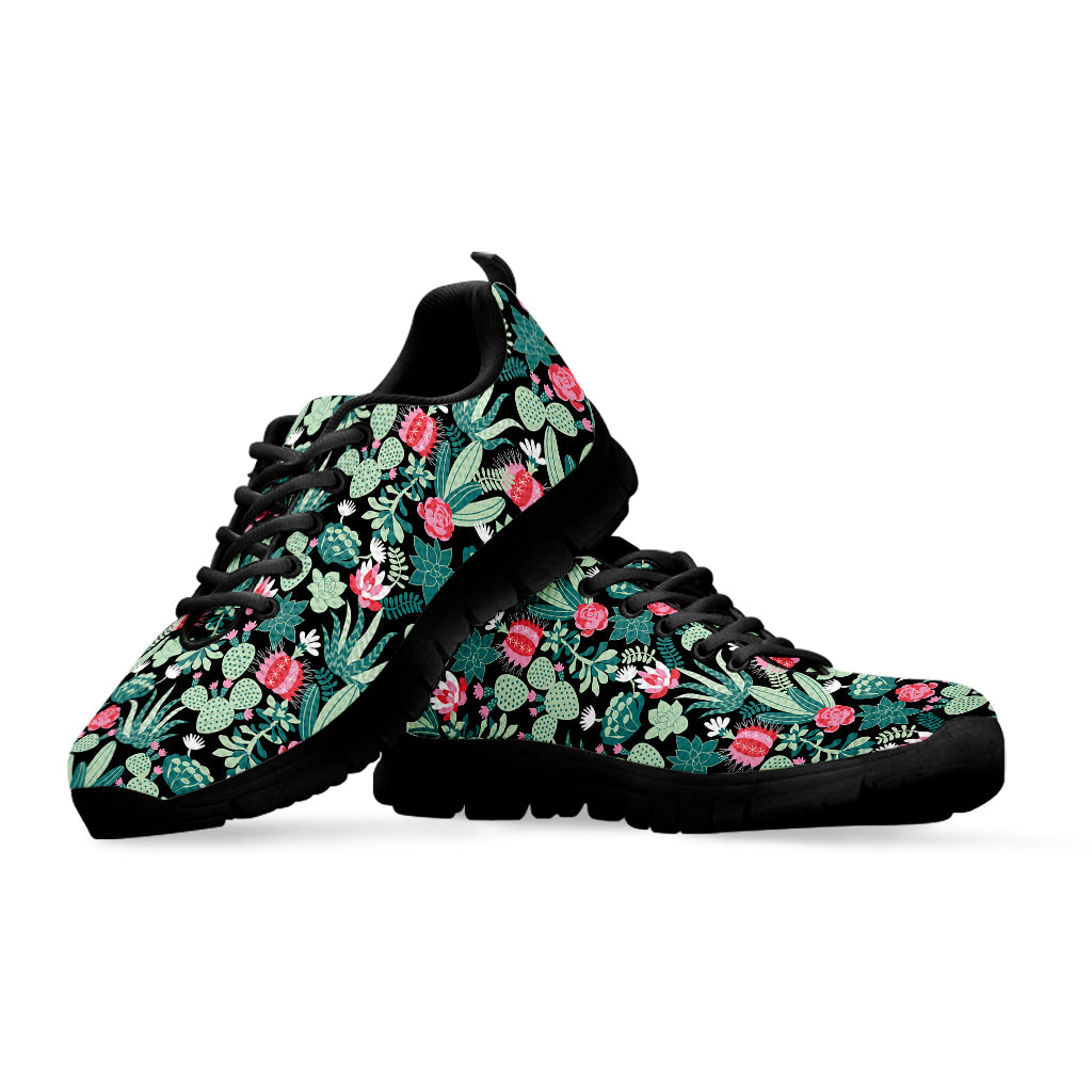 Cute Cactus And Succulent Print Black Sneakers