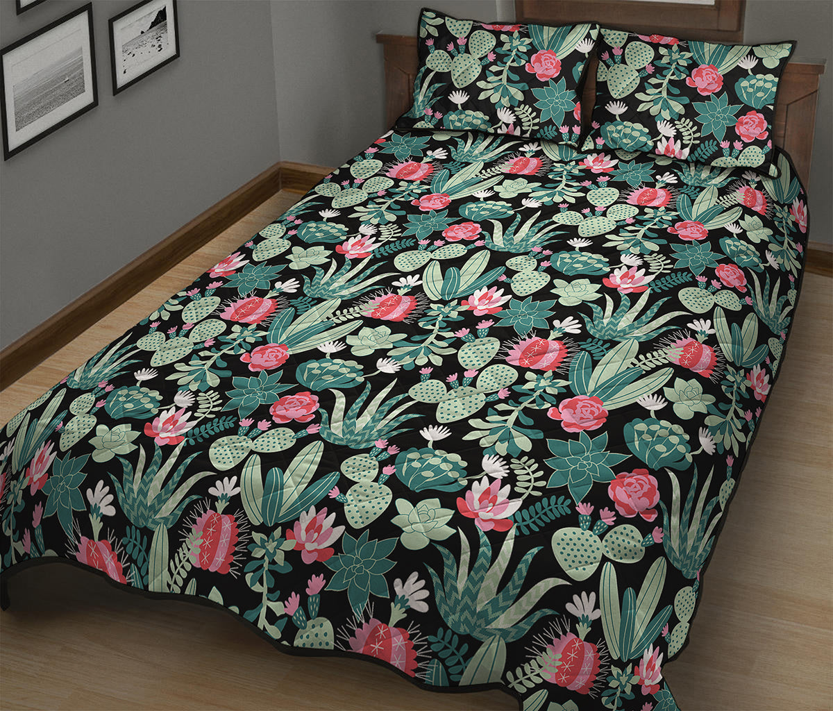 Cute Cactus And Succulent Print Quilt Bed Set