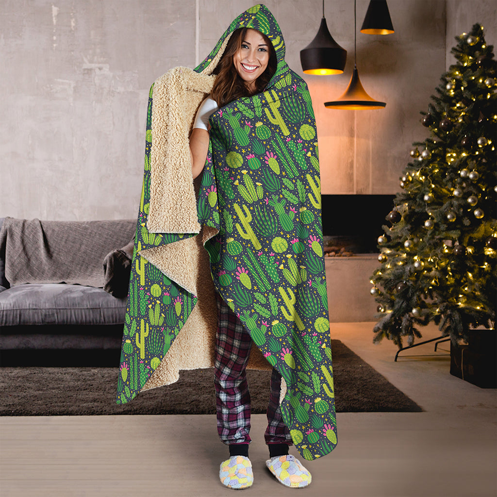 Cute Cactus Plant Pattern Print Hooded Blanket