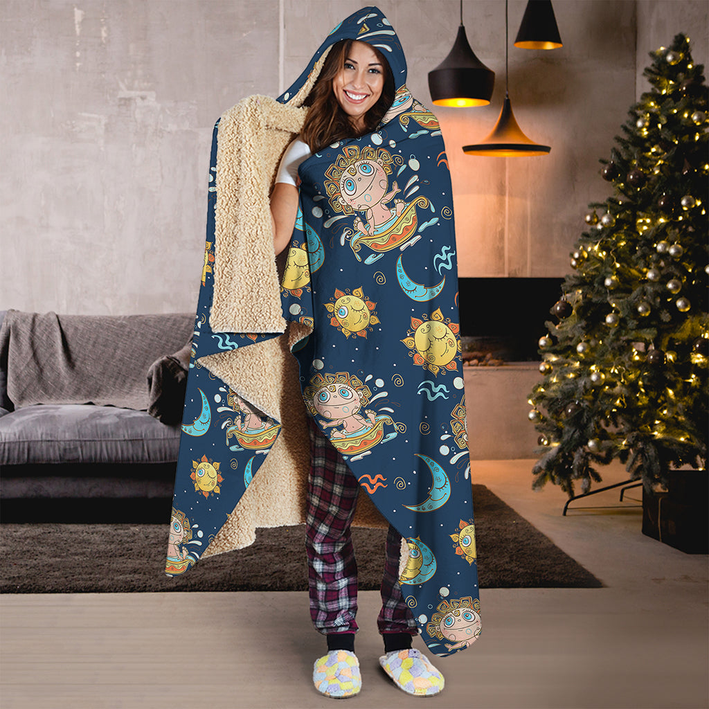 Cute Cartoon Aquarius Pattern Print Hooded Blanket