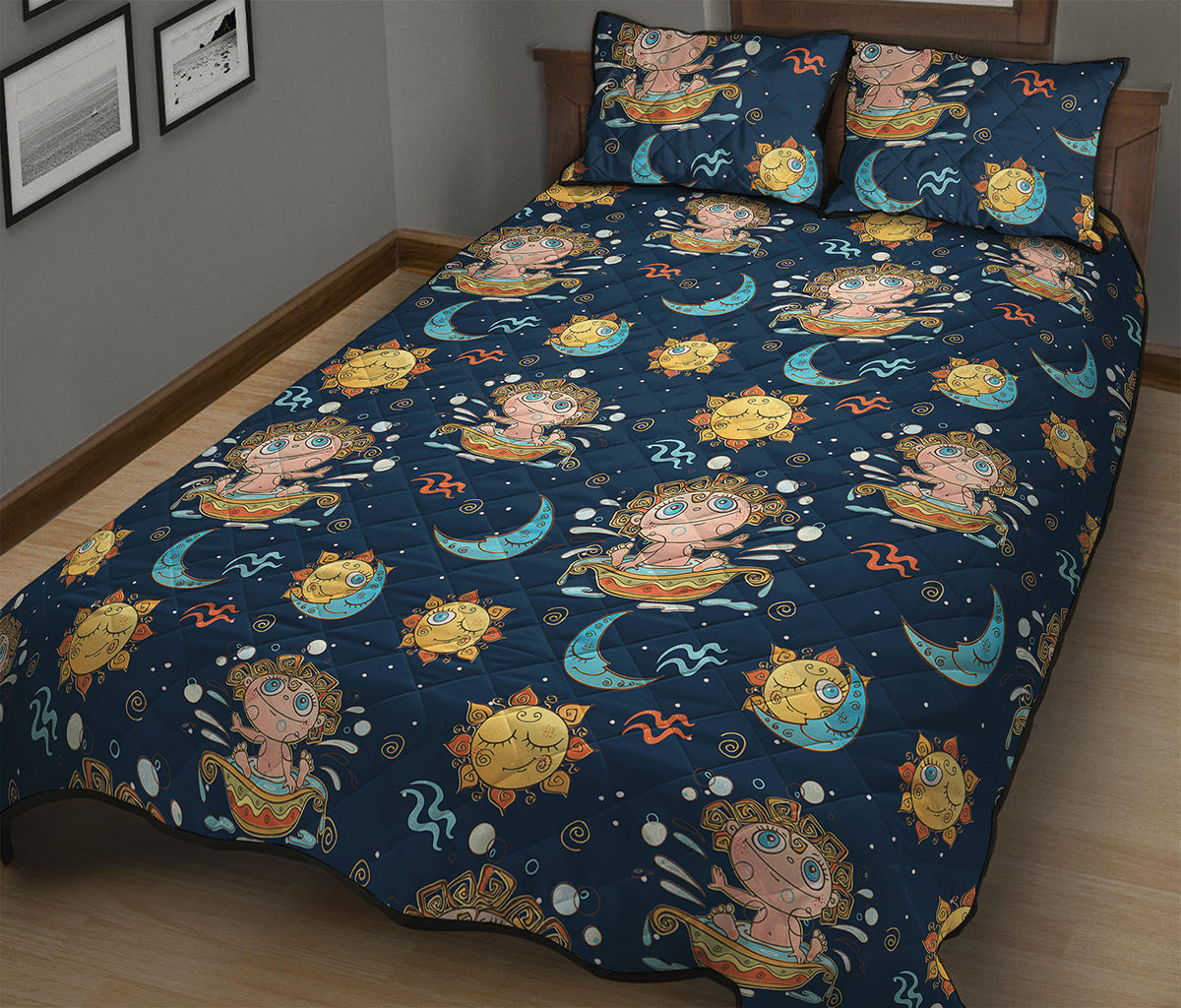 Cute Cartoon Aquarius Pattern Print Quilt Bed Set