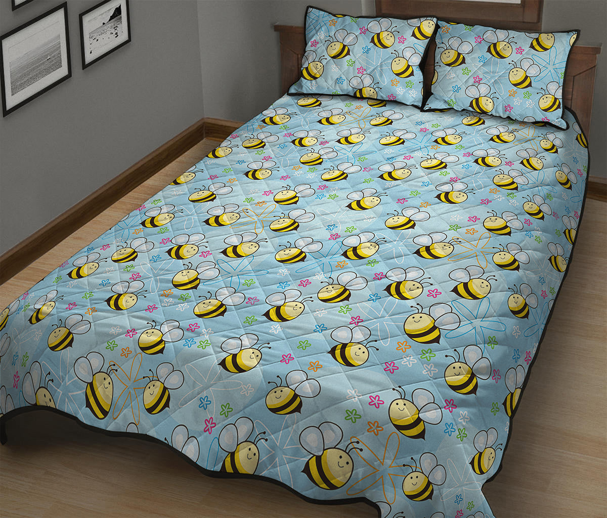 Cute Cartoon Bee Pattern Print Quilt Bed Set