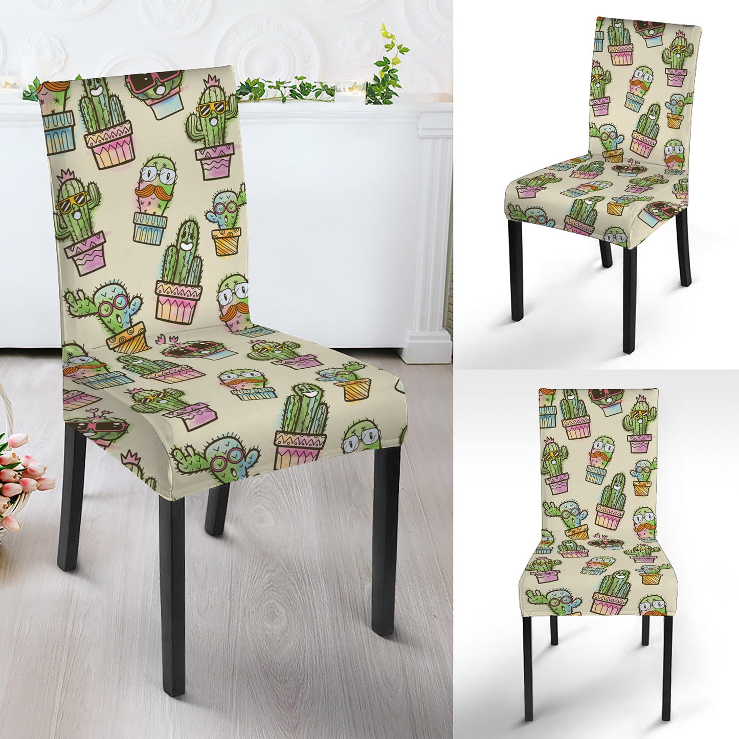 Cute Cartoon Cactus Pattern Print Dining Chair Slipcover
