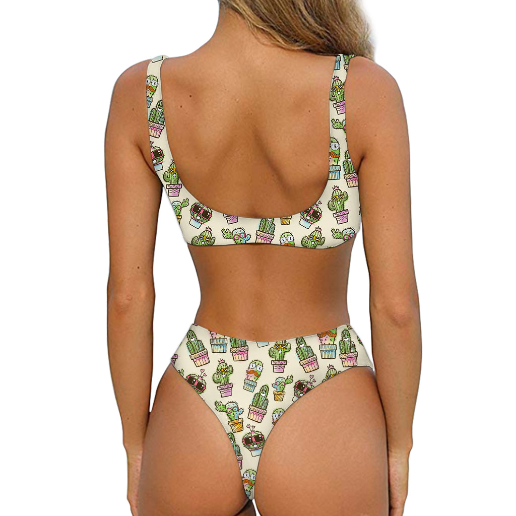 Cute Cartoon Cactus Pattern Print Front Bow Tie Bikini