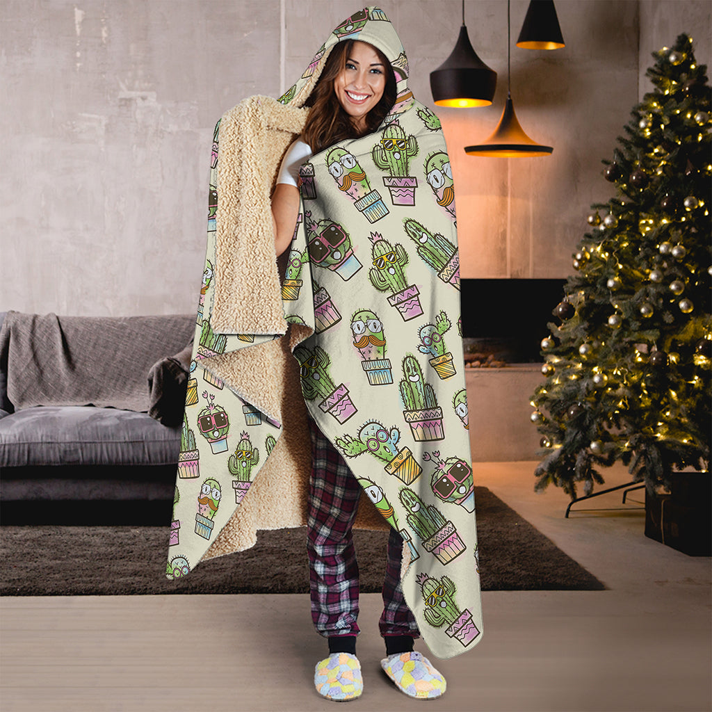 Cute Cartoon Cactus Pattern Print Hooded Blanket