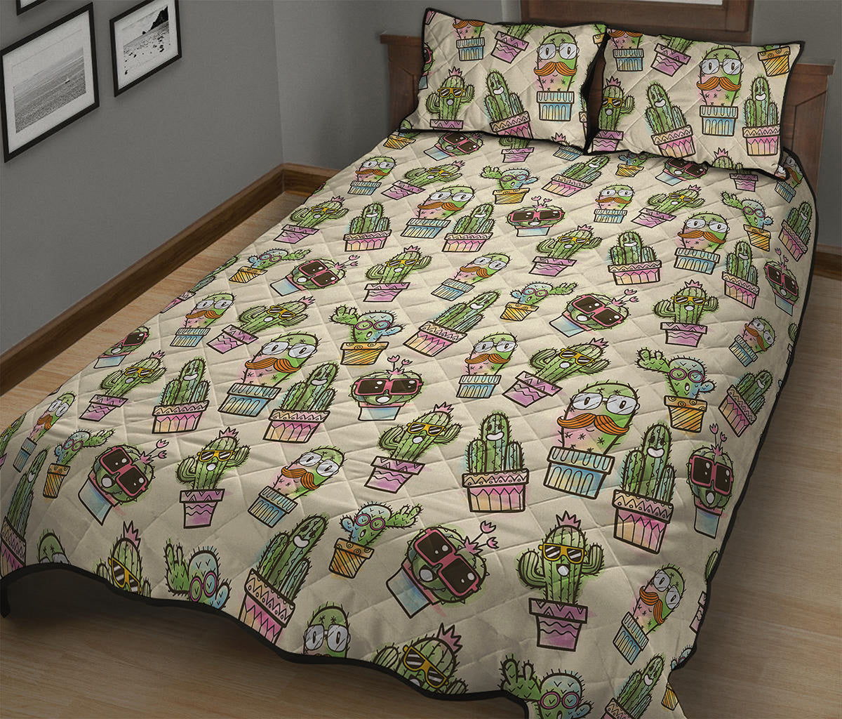 Cute Cartoon Cactus Pattern Print Quilt Bed Set