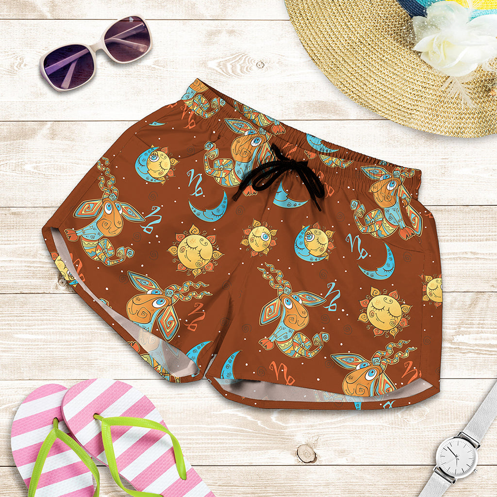 Cute Cartoon Capricorn Pattern Print Women's Shorts