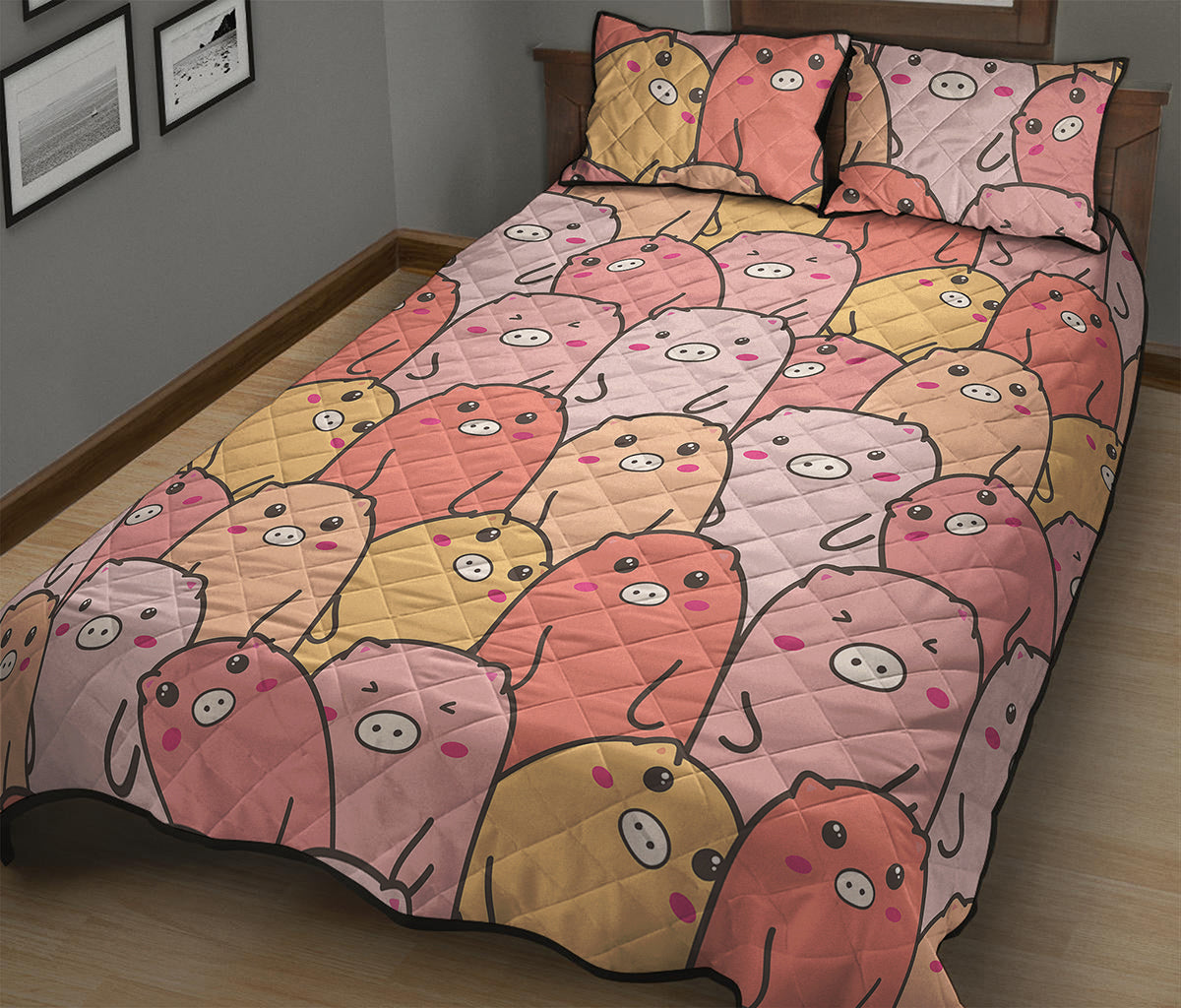 Cute Cartoon Pig Pattern Print Quilt Bed Set
