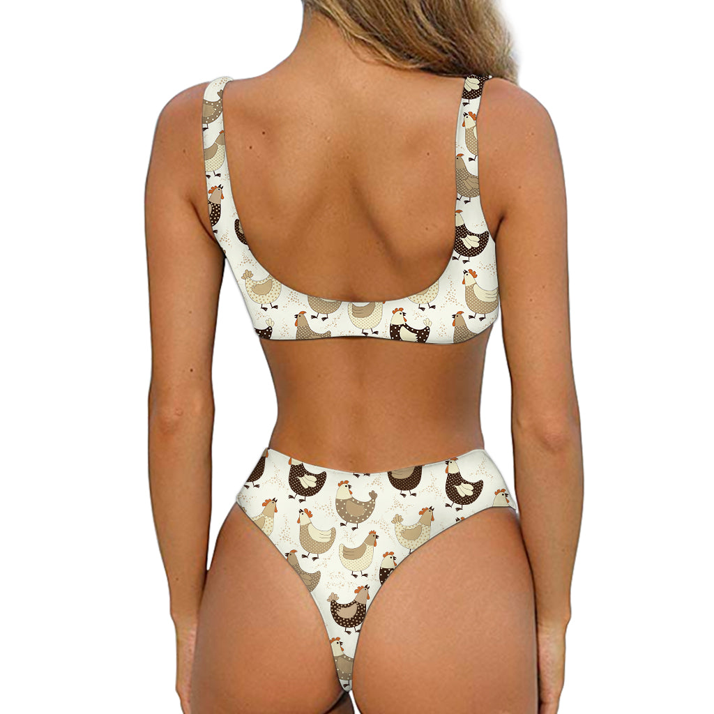 Cute Chicken Pattern Print Front Bow Tie Bikini