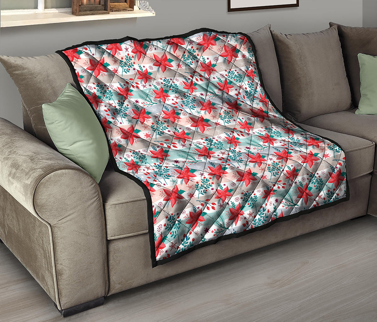 Cute Christmas Poinsettia Pattern Print Quilt