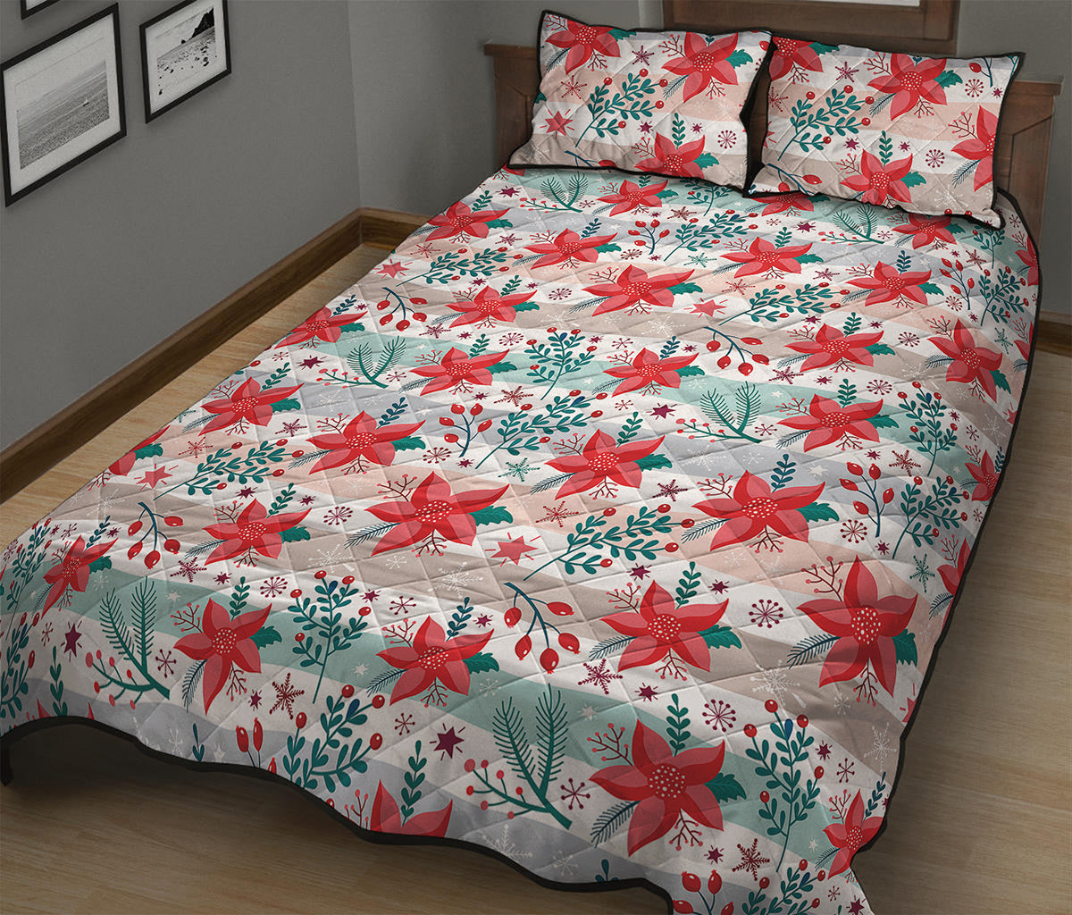 Cute Christmas Poinsettia Pattern Print Quilt Bed Set