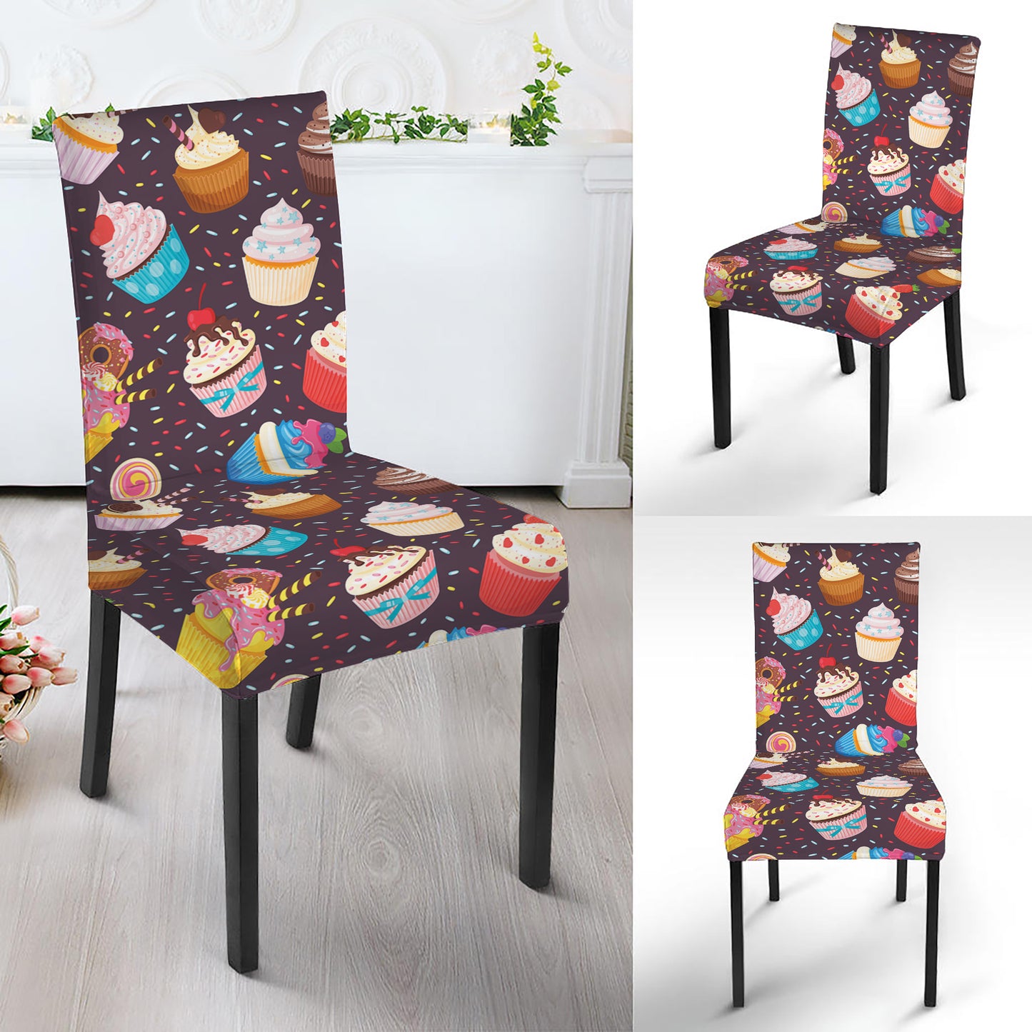 Cute Cupcake Pattern Print Dining Chair Slipcover