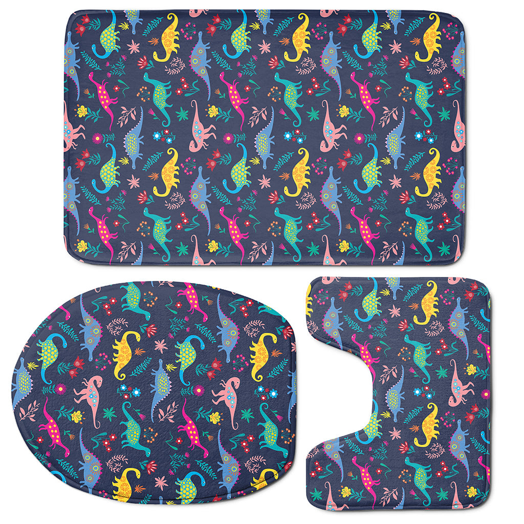 Cute Dino Floral Pattern Print 3 Piece Bath Mat Set