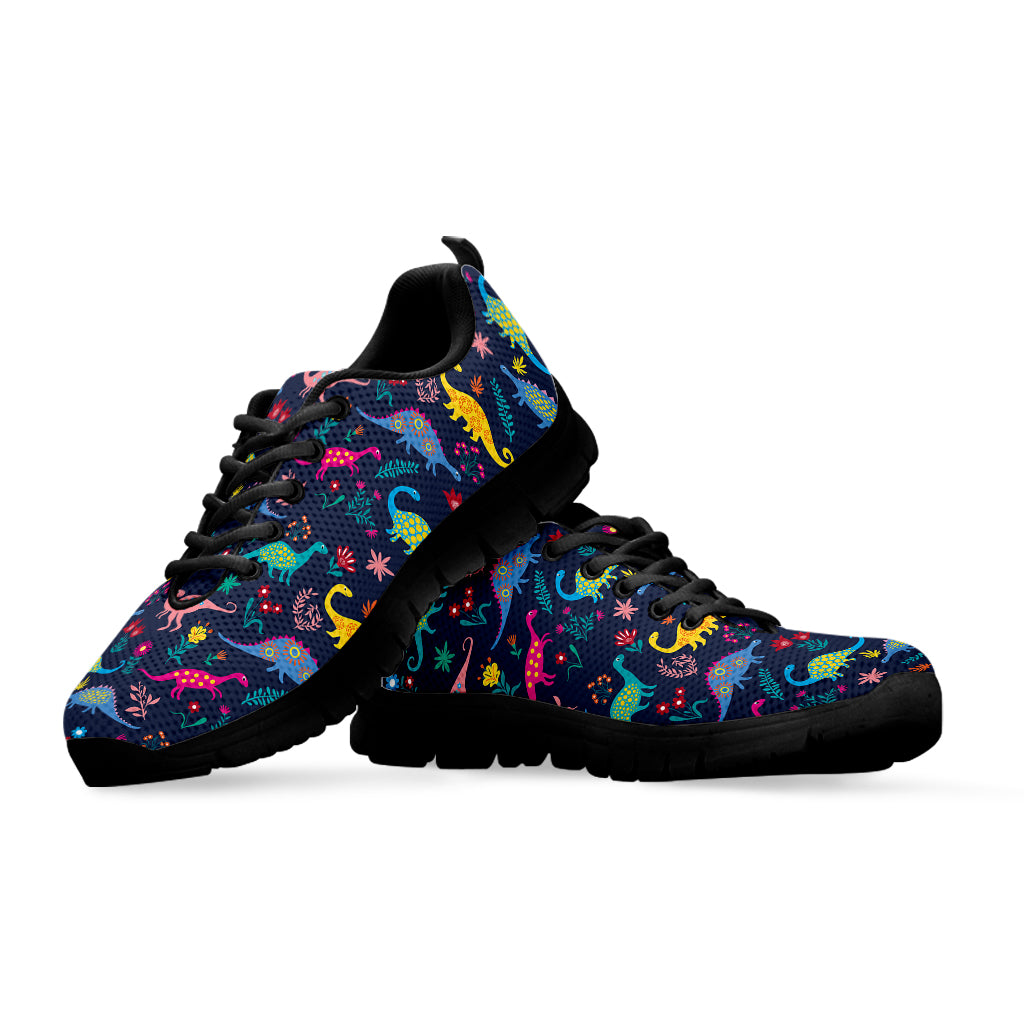 Cute Dino Floral Pattern Print Black Sneakers