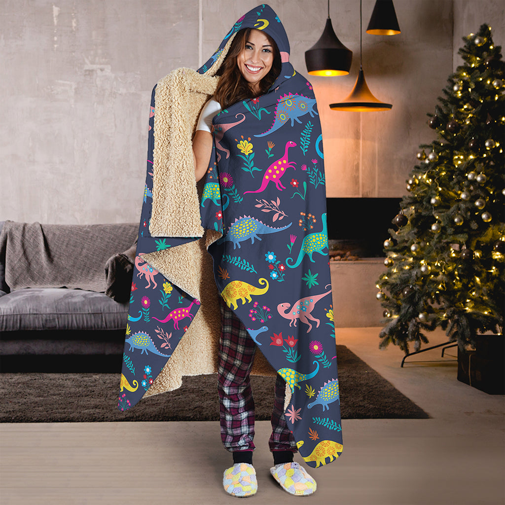 Cute Dino Floral Pattern Print Hooded Blanket