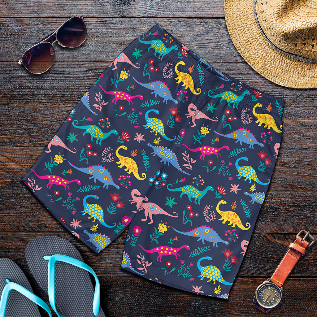 Cute Dino Floral Pattern Print Men's Shorts