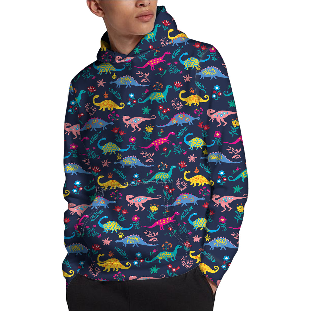 Cute Dino Floral Pattern Print Pullover Hoodie