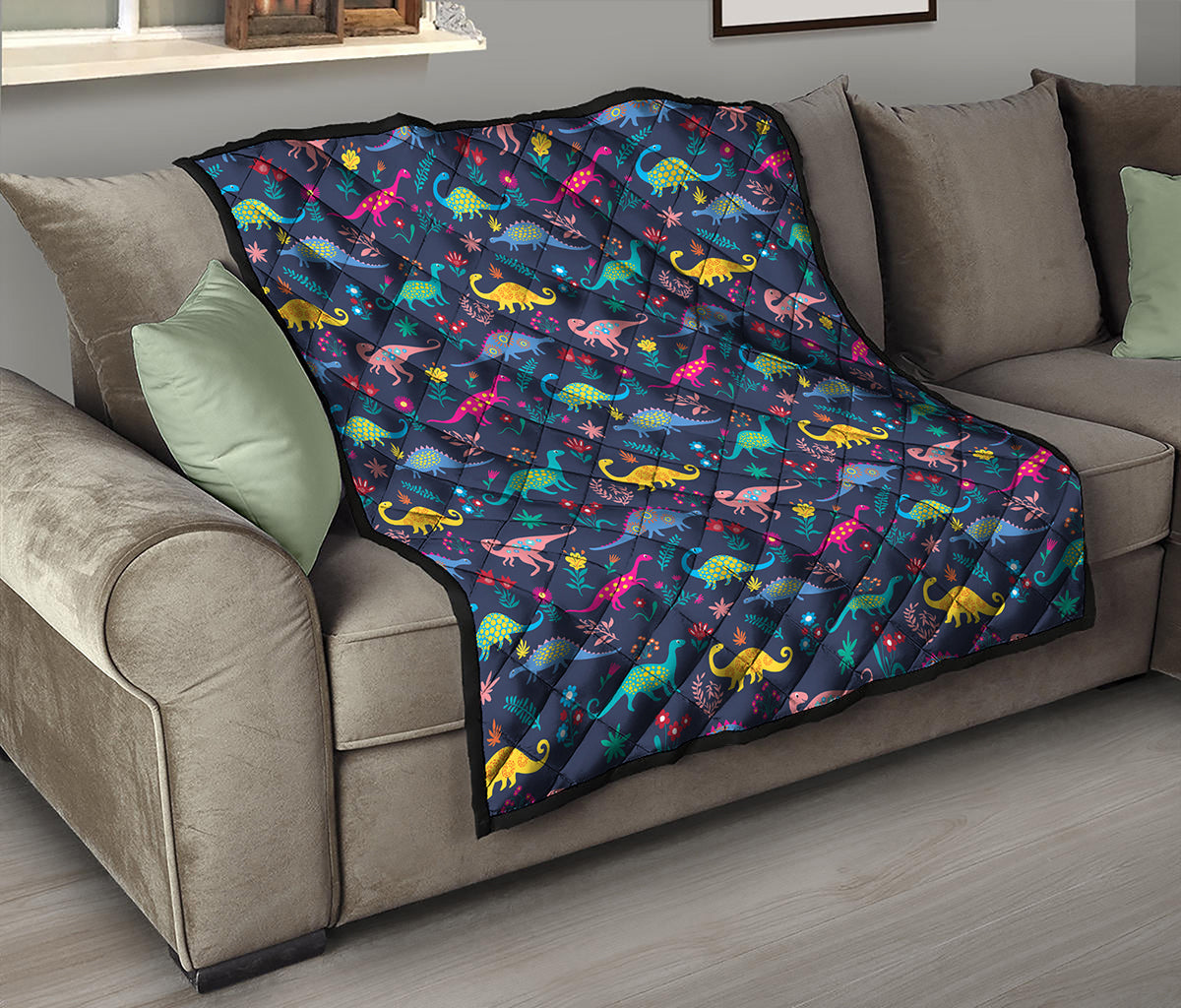 Cute Dino Floral Pattern Print Quilt