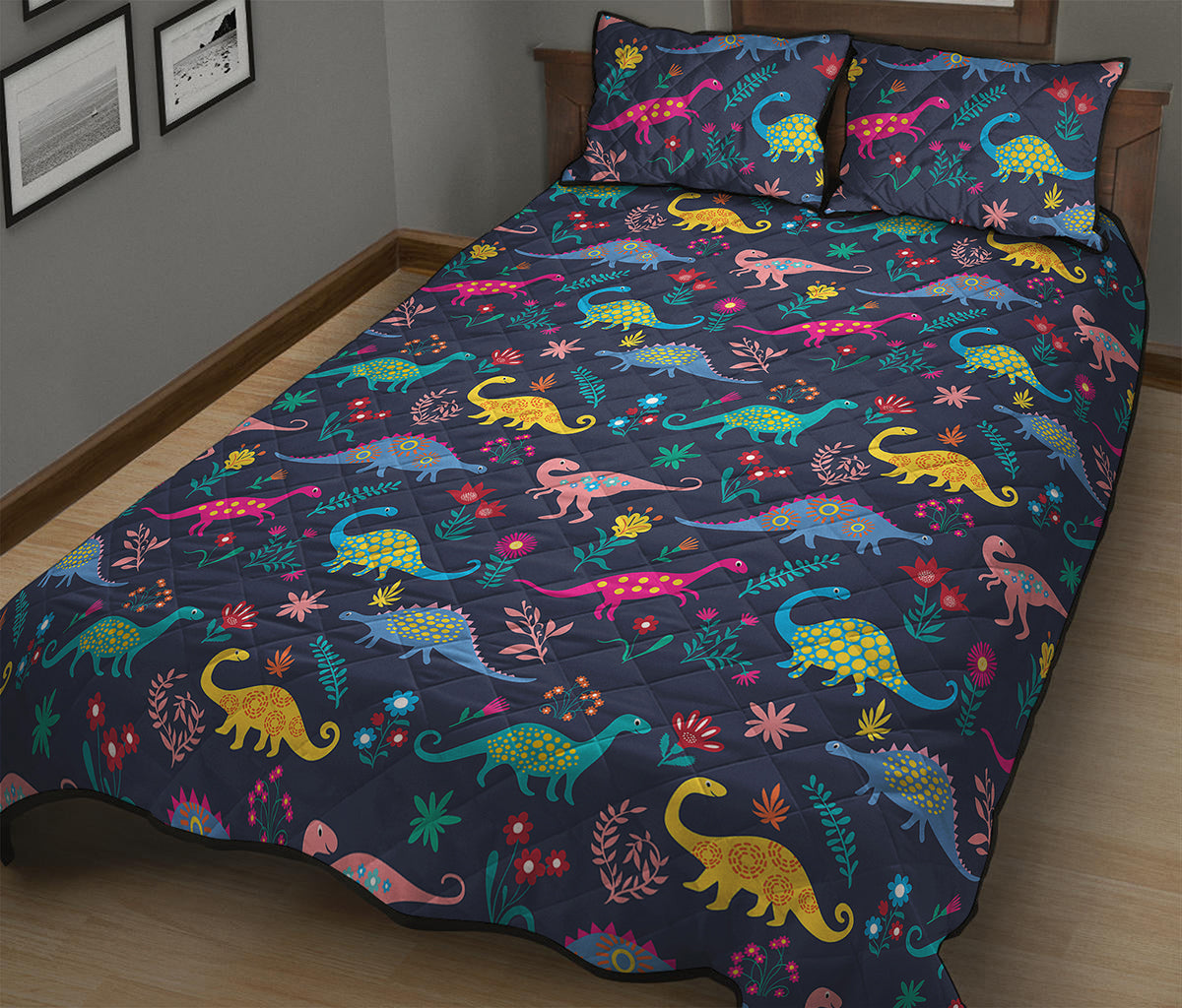 Cute Dino Floral Pattern Print Quilt Bed Set