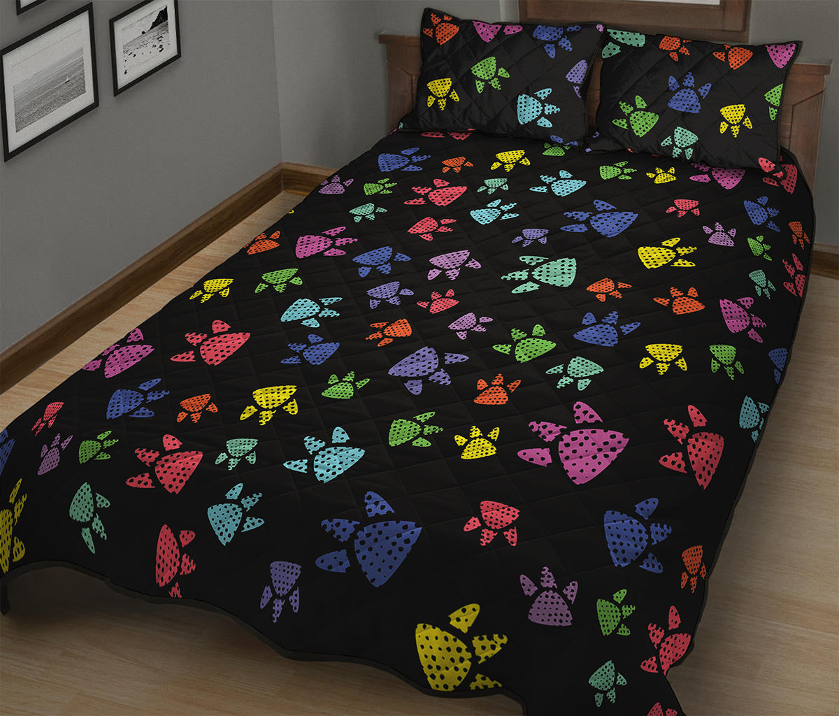 Cute Dino Footprint Pattern Print Quilt Bed Set
