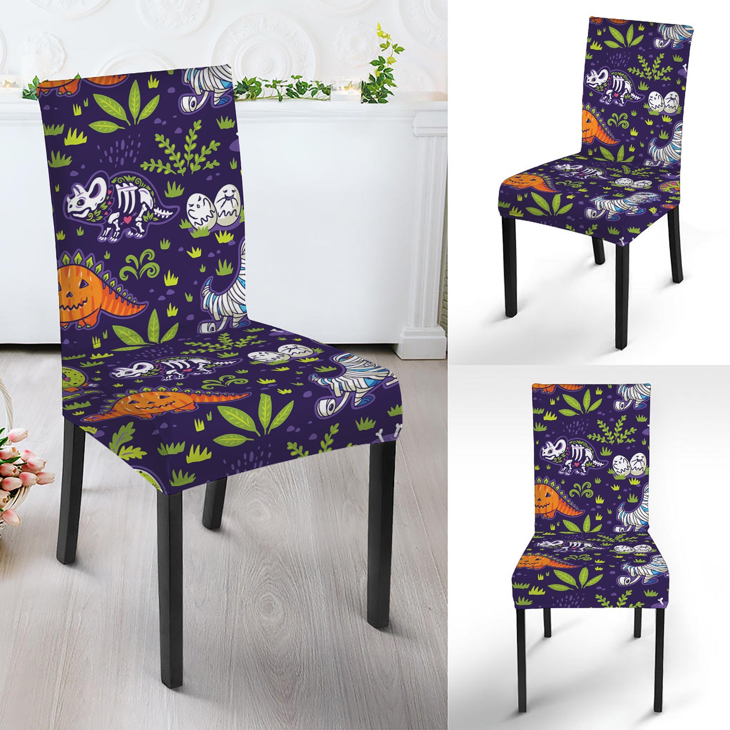 Cute Dino Halloween Pattern Print Dining Chair Slipcover