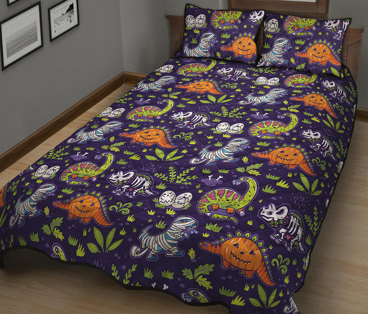 Cute Dino Halloween Pattern Print Quilt Bed Set