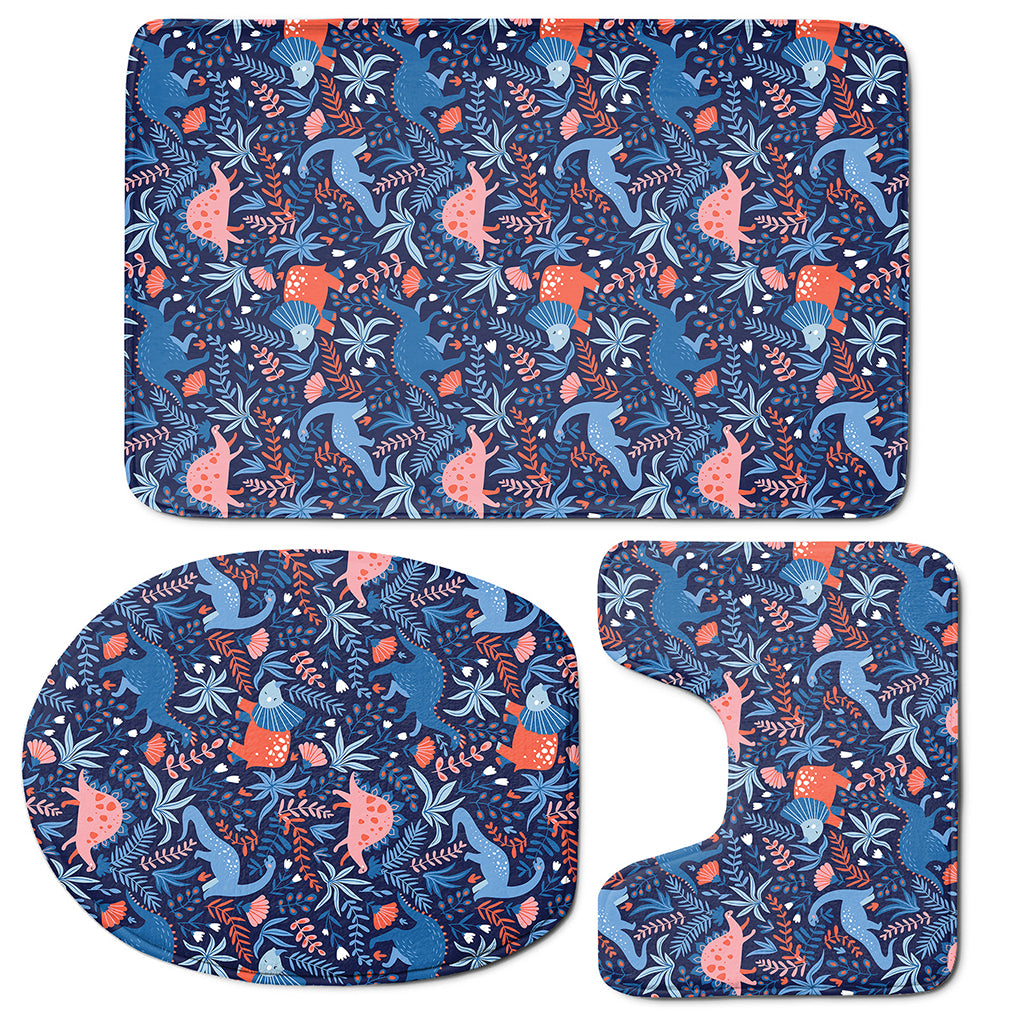 Cute Dino Leaves And Flowers Print 3 Piece Bath Mat Set