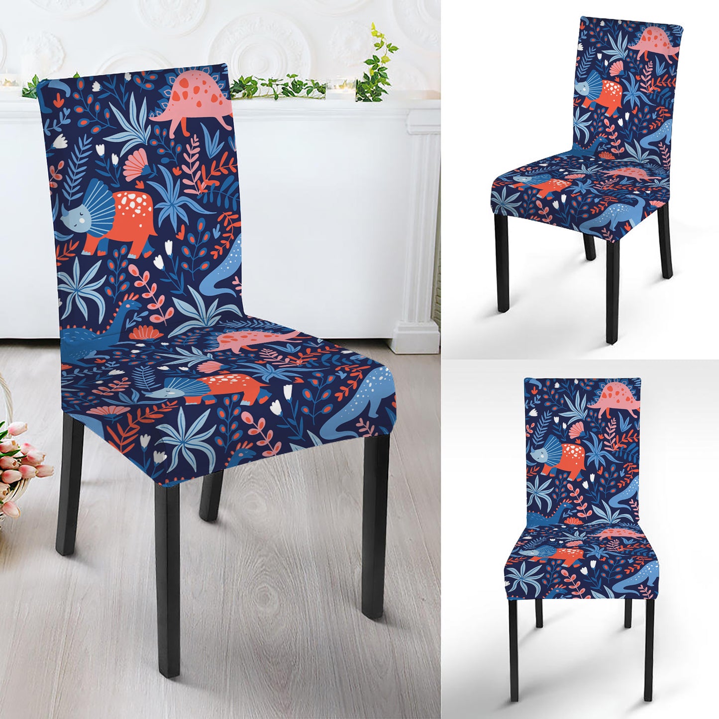 Cute Dino Leaves And Flowers Print Dining Chair Slipcover