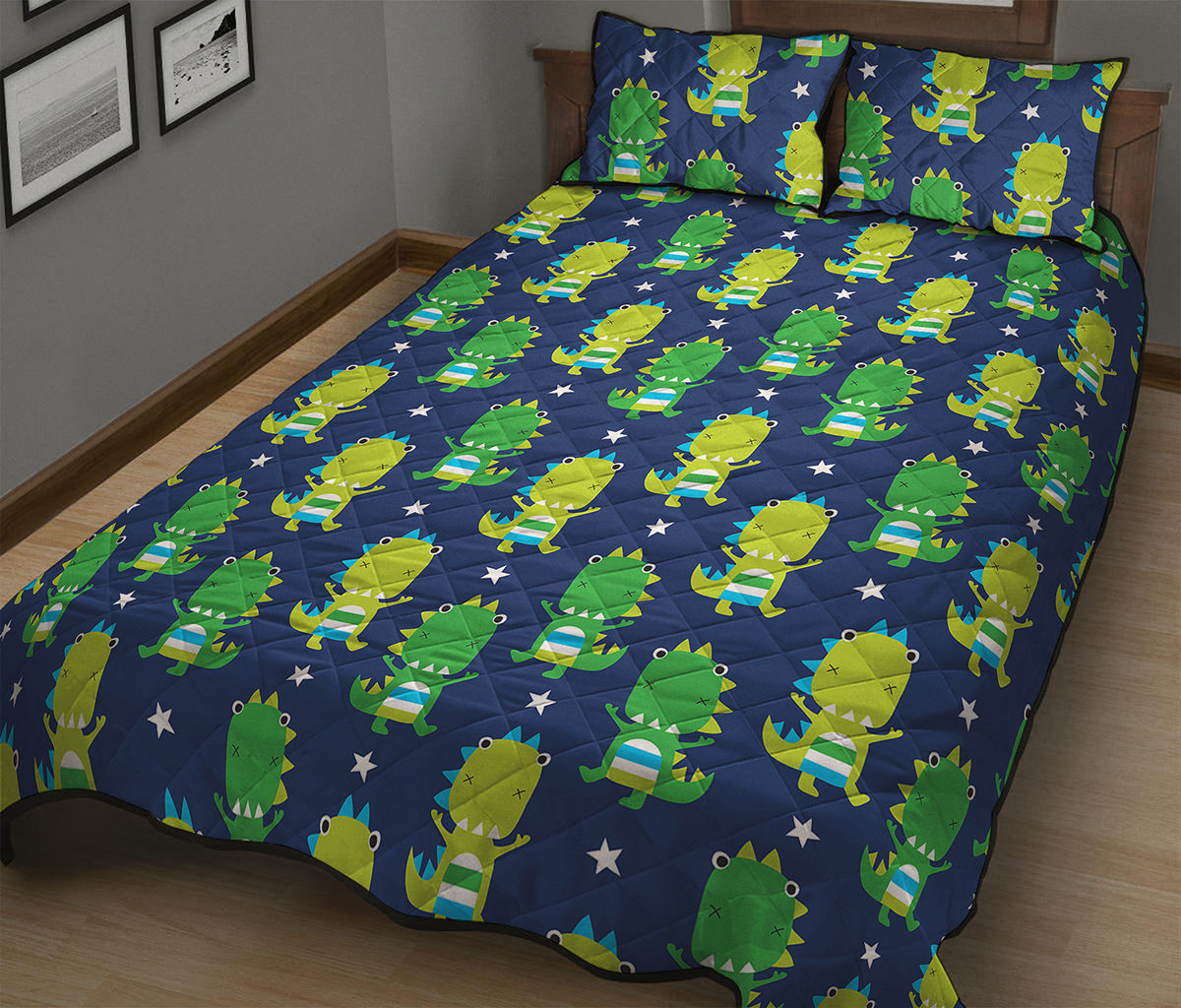 Cute Dino T-Rex Pattern Print Quilt Bed Set