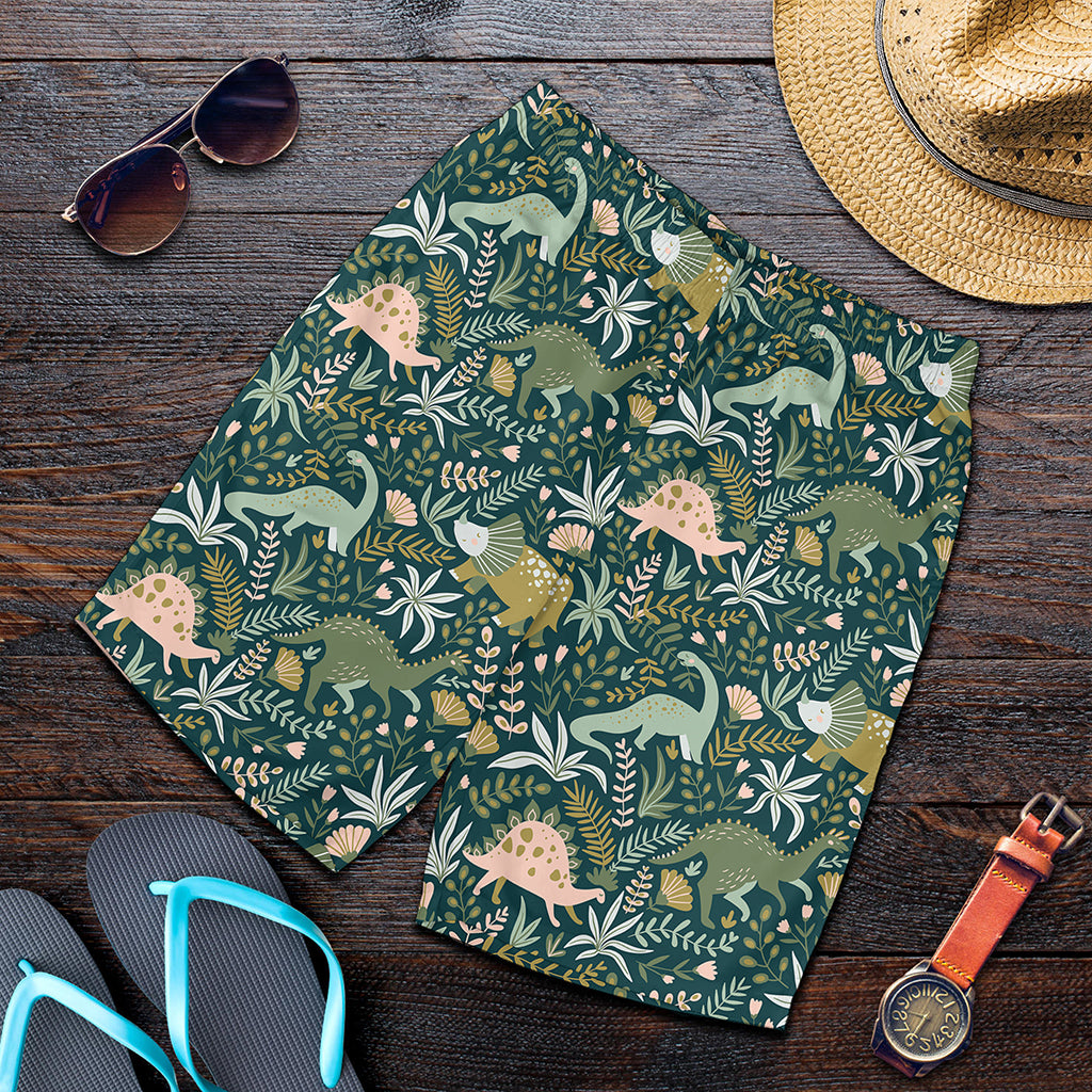 Cute Dino Tropical Leaves Pattern Print Men's Shorts