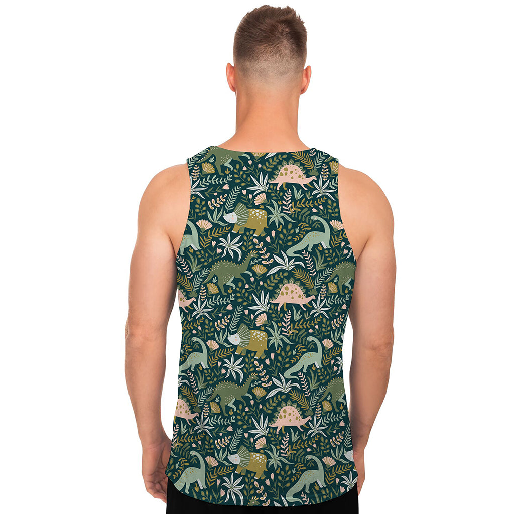 Cute Dino Tropical Leaves Pattern Print Men's Tank Top