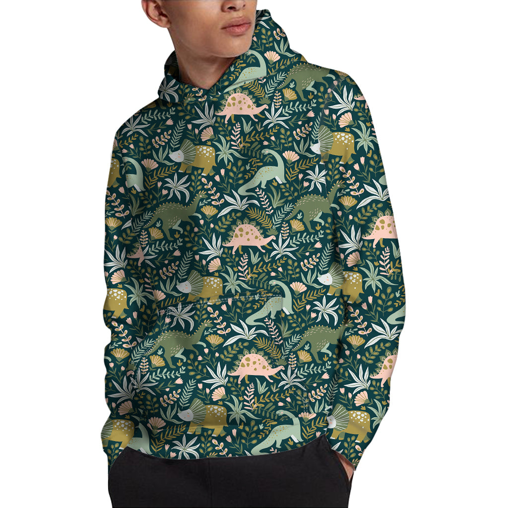 Cute Dino Tropical Leaves Pattern Print Pullover Hoodie