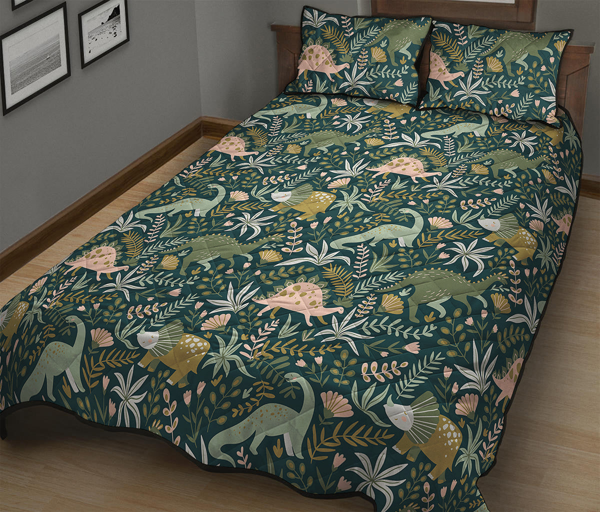 Cute Dino Tropical Leaves Pattern Print Quilt Bed Set